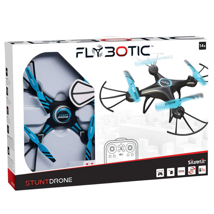 Box of FlyBotic stunt drone with drone images and branding on a white background