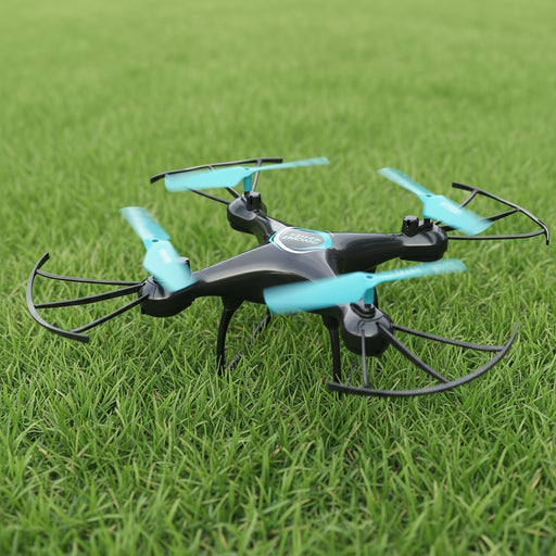 Black and blue drone with remote control on a white background