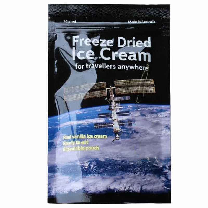 Packaging of freeze-dried ice cream with space station imagery