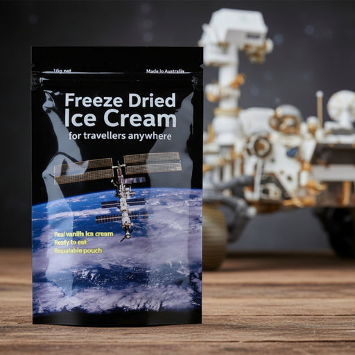 Packaging of freeze-dried ice cream with space station imagery