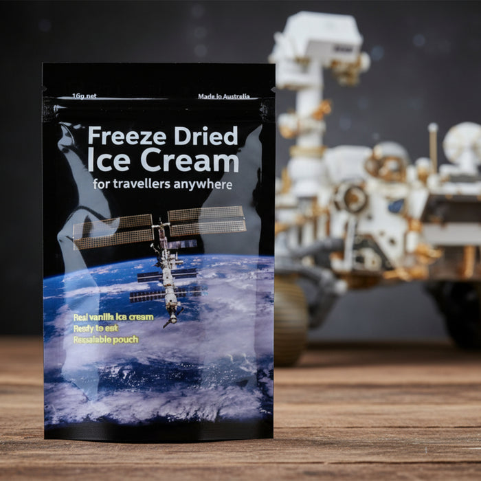 Packaging of freeze-dried ice cream with space station imagery