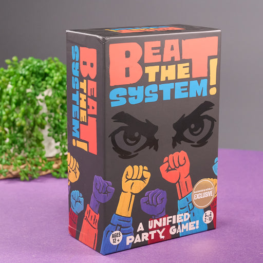 Board game box titled 'Beat the System' with colorful text and fists on a purple surface.