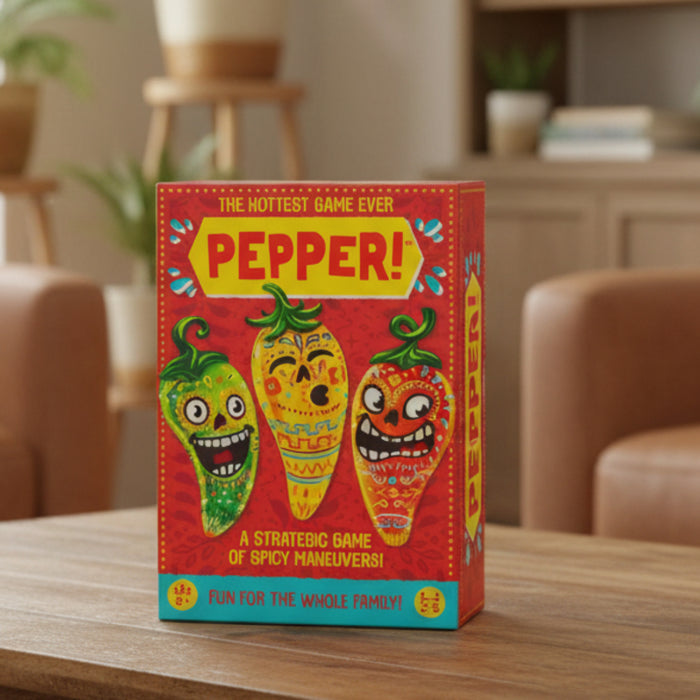 Board game box titled 'Pepper!' on a table with a cozy room background