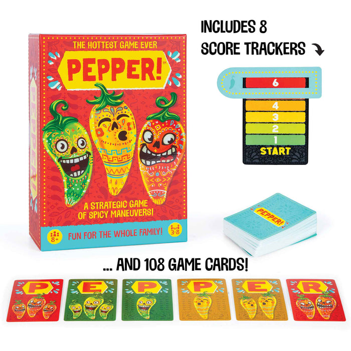 Pepper! game box with colorful peppers and game cards on a white background