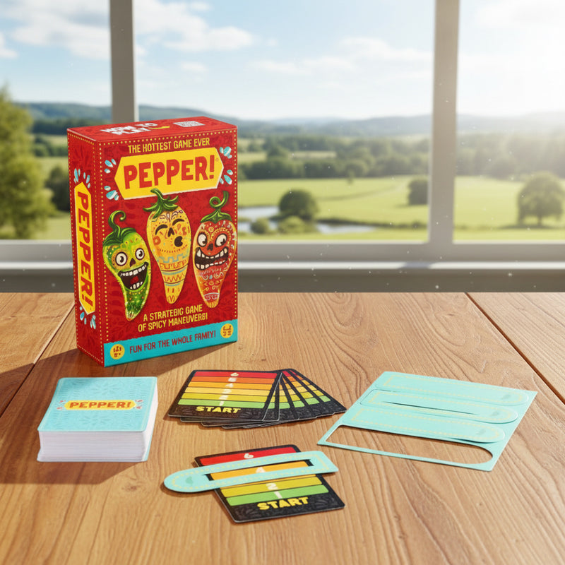 Board game 'Pepper!' with cards and pieces on a wooden table with a scenic background