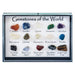 A gemstone display box labeled 'Gemstones of the World' containing 18 polished stones in a 3x6 grid with handwritten labels. The stones include various colors like orange, blue, green, purple, white, brown, and red, set in a clear glass case with a white backing.