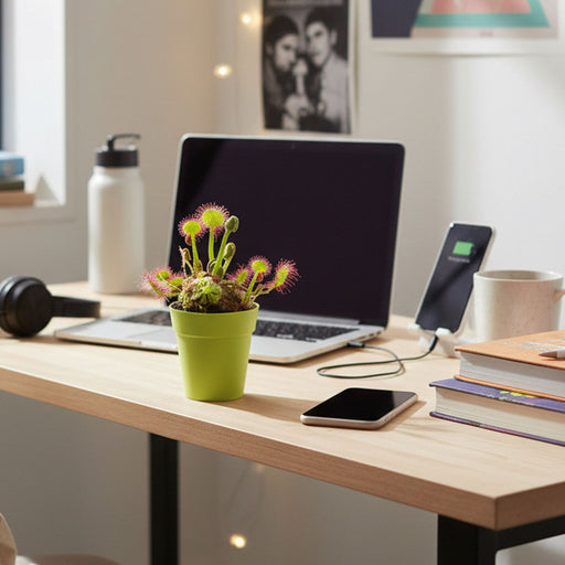 A small green potted Carnivorous plant sits on a light wood desk in a home office setting, surrounded by a laptop, headphones, a smartphone, books, and a mug.