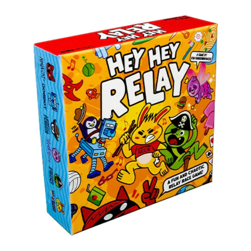 The image shows the packaging of the board game 'Hey Hey Relay'. The cover features colorful illustrations of cartoon characters and game elements, with the title prominently displayed at the top.