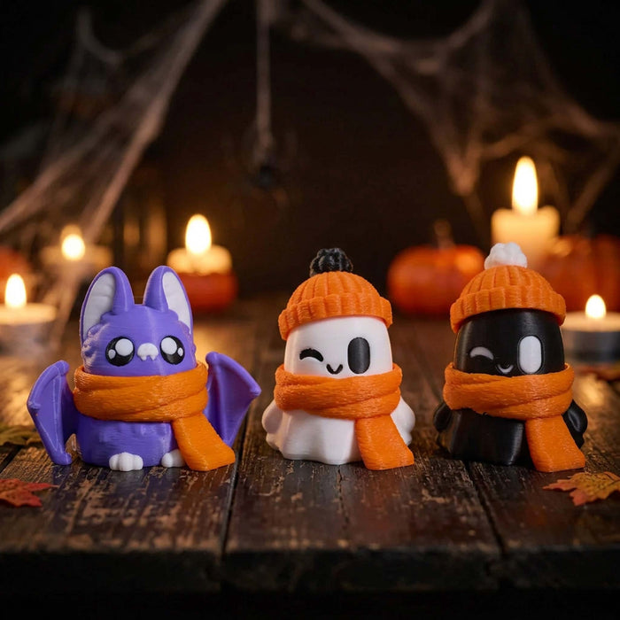 Three cute, stylized character figurines wearing orange knit beanies and scarves, arranged on a clean white studio background. The left figure is purple with bat wings and large white eyes; the center figure is white with a winking eye and black nose; the right figure is black with a winking eye.