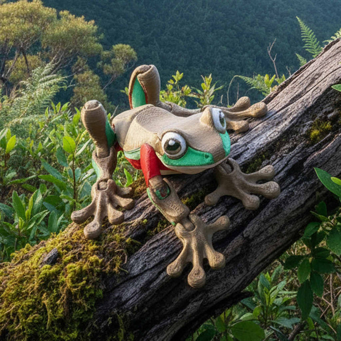 Plush toy frog on a log with a natural background