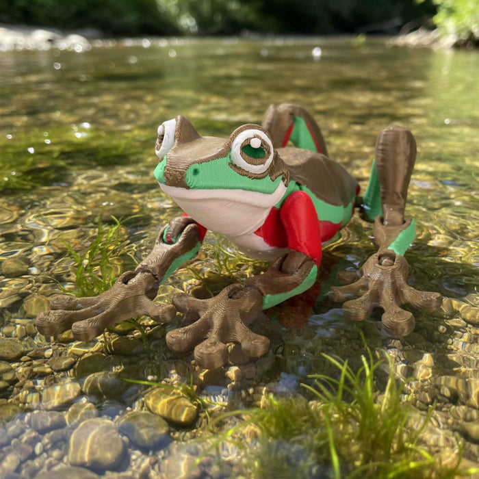 Toy frog with a red shirt in clear water