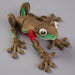Plush toy frog with a red tongue on a gray background