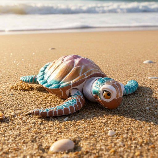 Toy turtle on a sandy beach with ocean waves in the background