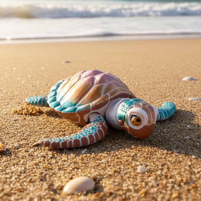 Toy turtle on a sandy beach with ocean waves in the background