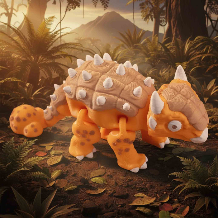 Toy dinosaur figure in a jungle setting with mountains in the background