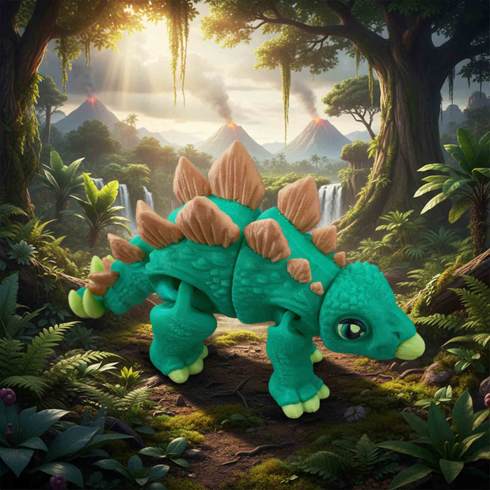 Toy stegosaurus in a vibrant jungle setting with mountains and waterfalls.