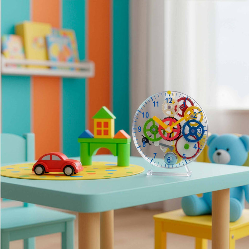Colorful DIY clock on a table with toys in a colorful room