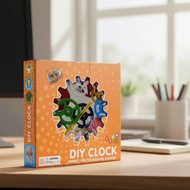 Box of a DIY clock kit on a desk with a window in the background