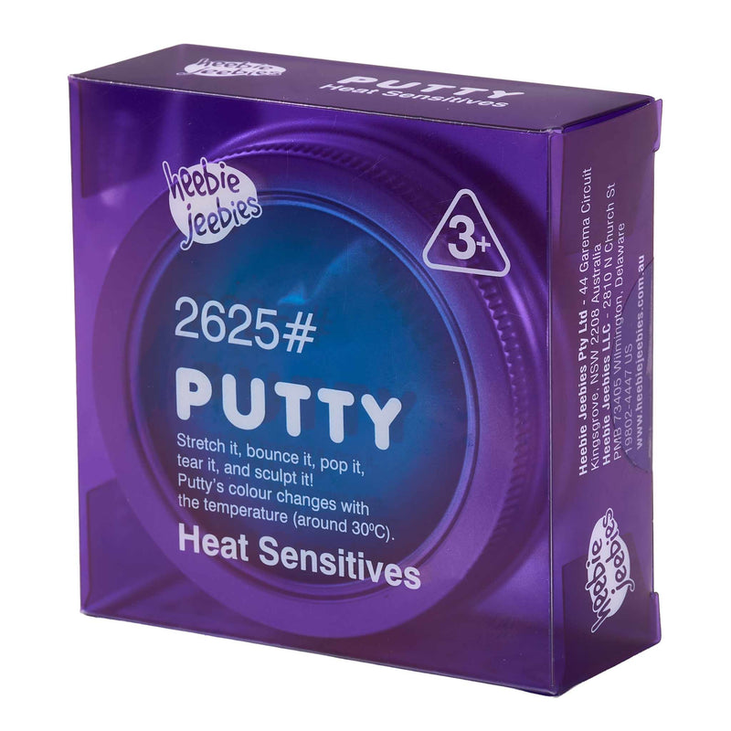Purple packaging of Heebie Jeebies 2625# Putty with text and branding.