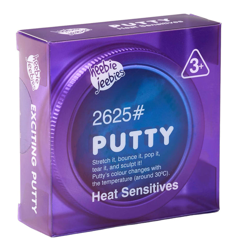Purple packaging of Heebie Jeebies putty with text on a white background