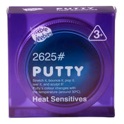 Purple packaging of heat-sensitive putty with text and branding.