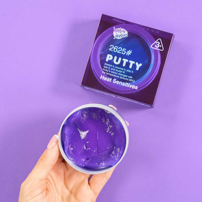 Purple putty in a container with packaging labeled '2625# Putty' on a purple background