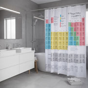 Shower curtain with periodic table design on a white background