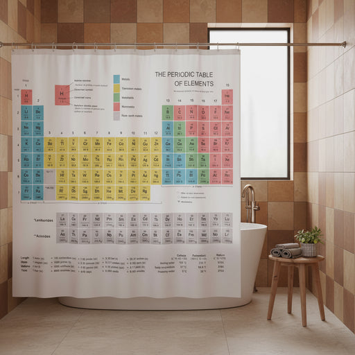 Shower curtain with periodic table of elements design