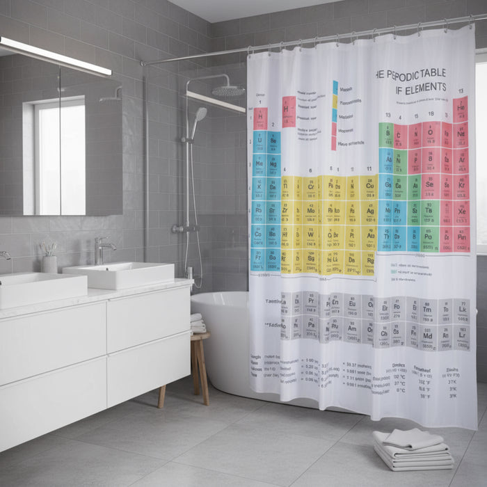 Shower curtain with periodic table design on a white background