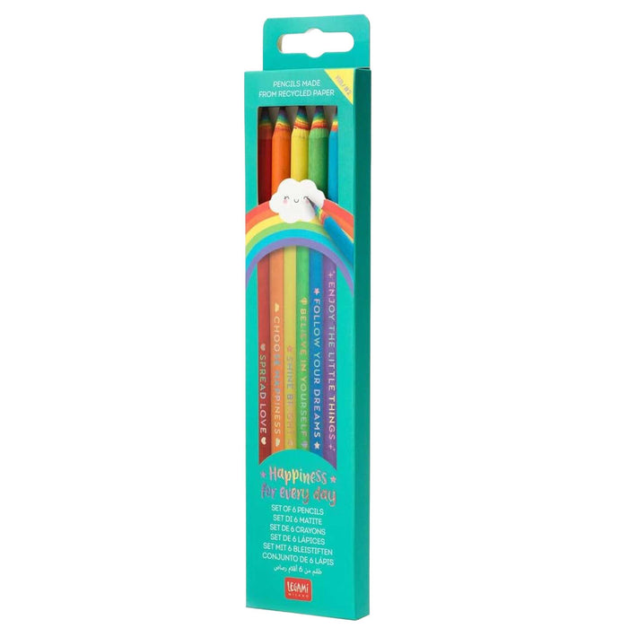 Pack of colorful pencils in a teal box with a rainbow design on a white background