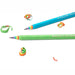 Two pencils, one blue and one green, with colorful erasers on a white background.