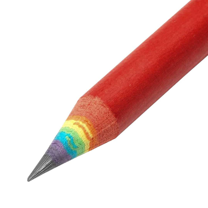Red pencil with a colorful eraser on a white background