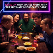 Group of friends playing a board game together with promotional text about a music party game.