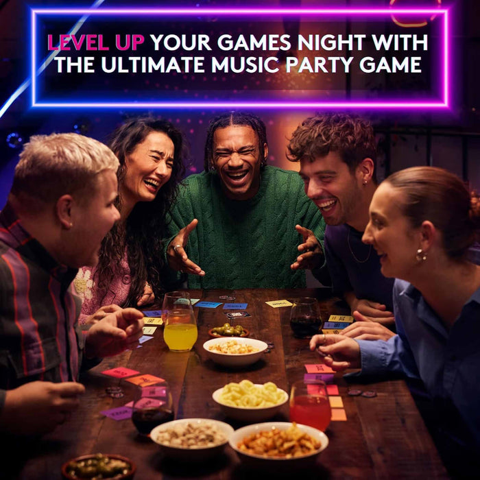 Group of friends playing a board game together with promotional text about a music party game.