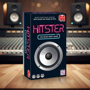 Box of 'Hitster' music party game with speakers in the background