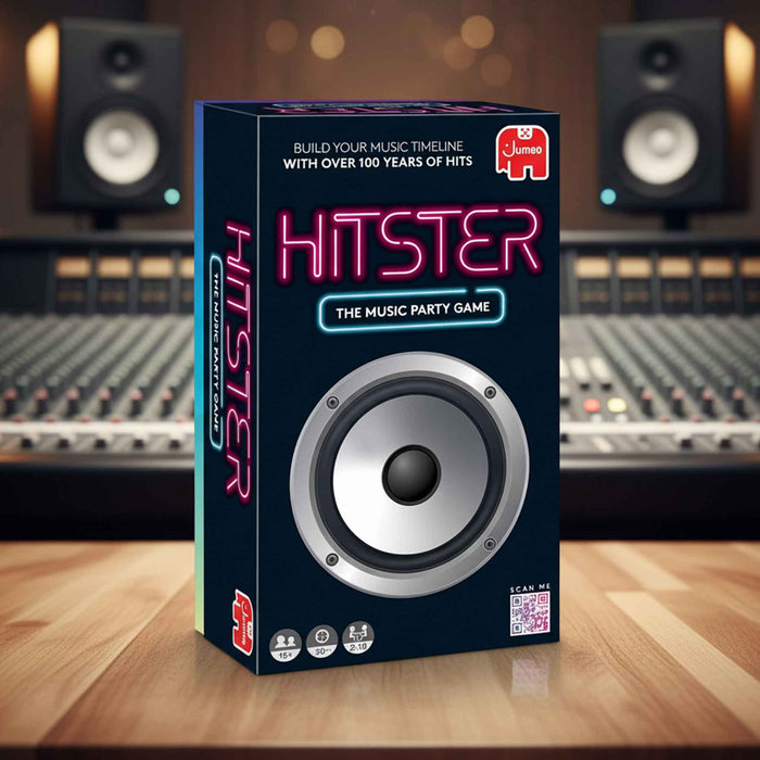 Box of 'Hitster' music party game with speakers in the background