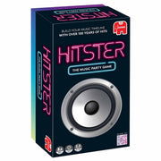 Box of 'Hitster' music party game with neon text and a speaker graphic.