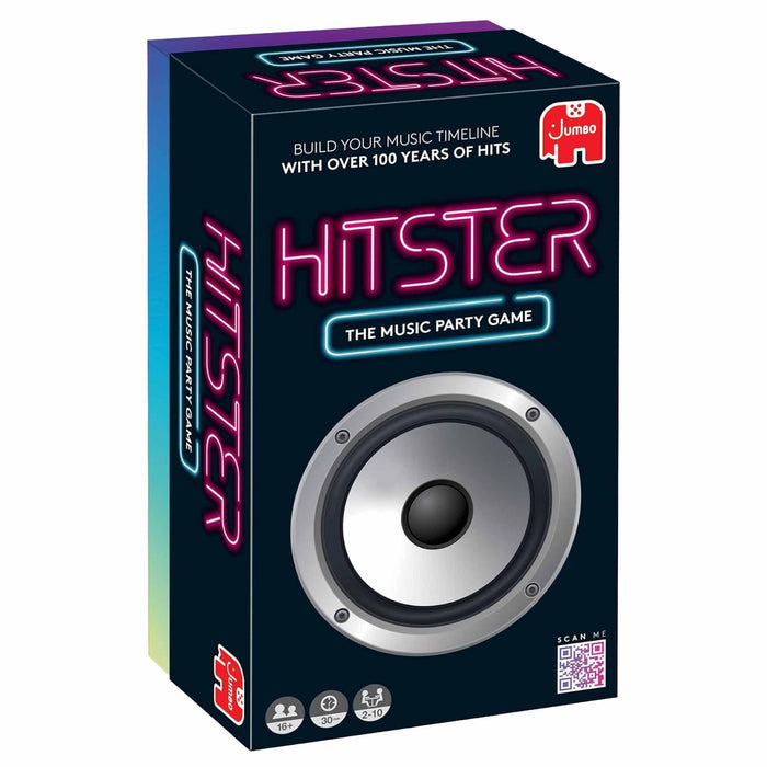 Box of 'Hitster' music party game with neon text and a speaker graphic.