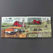 Illustrated book page about a farm with various farming activities, Book titled 'How Everything Works' by Lonely Planet Kids on a red background with illustrations of various machines and people.equipment.