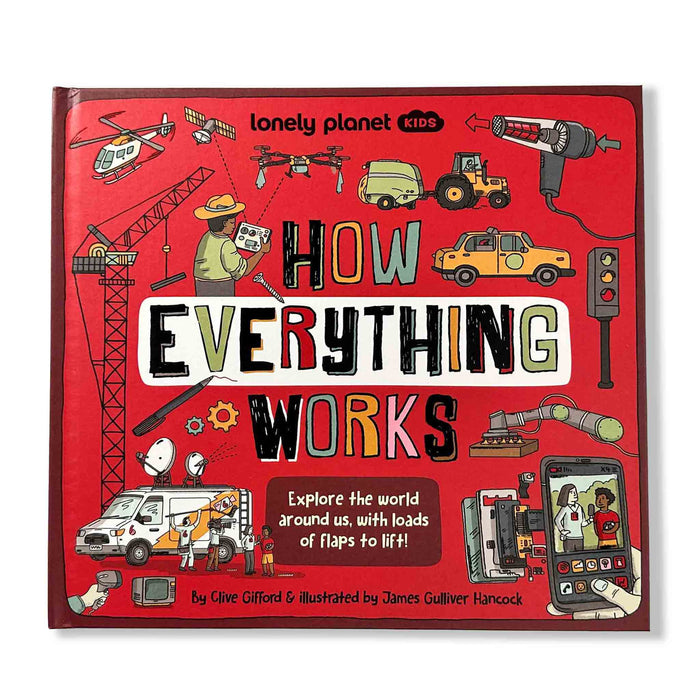 Book titled 'How Everything Works' by Lonely Planet Kids on a red background