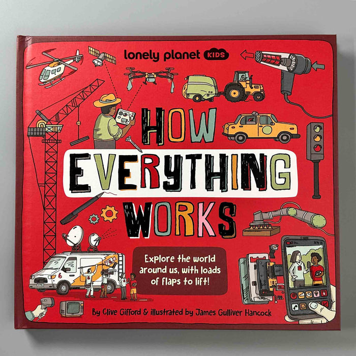 Book titled 'How Everything Works' by Lonely Planet Kids on a red background with illustrations of various machines and people.