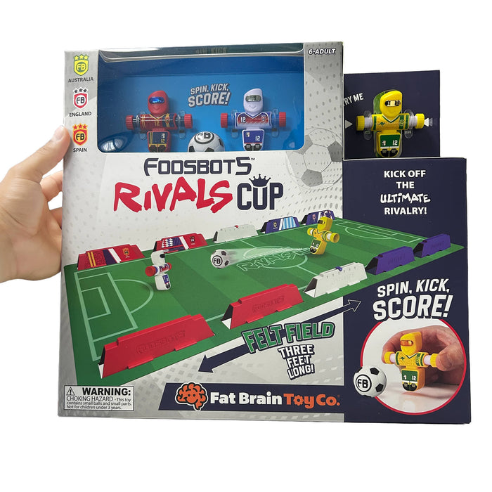 Foosbots Rivals Cup packaging with toy figures and branding details.
