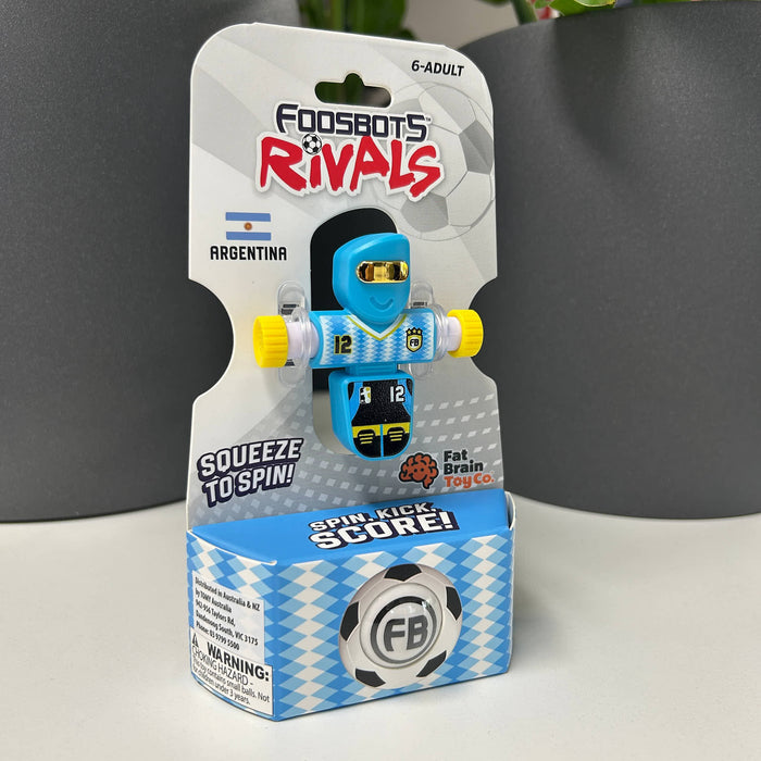 Foosbots Rivals toy figure in packaging with Argentina flag on a gray background