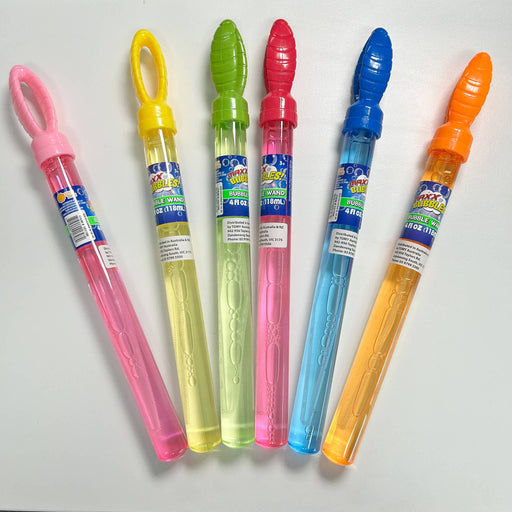 Five colorful bubble wands with labeled caps on a white background