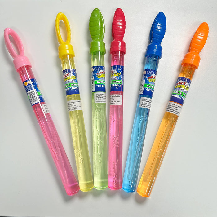 Five colorful bubble wands with labeled caps on a white background