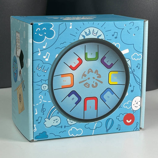 Introduce your little one to rhythm and colour with the Baby Blue box with colorful letter design on a gray background