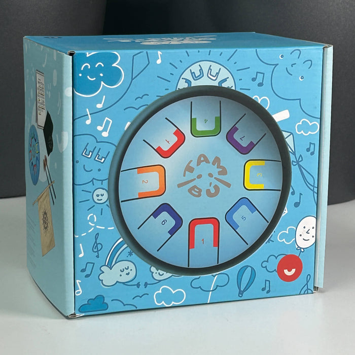 Introduce your little one to rhythm and colour with the Baby Blue box with colorful letter design on a gray background