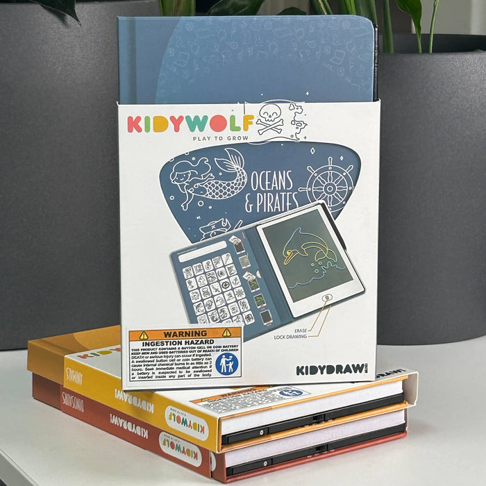 Children's coloring book set with 'KIDYWOLF' branding on a gray surface.