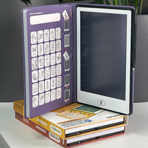 Kidywolf toy packaging with dinosaur illustration on a gray background Purple board on device with a screen on top of books