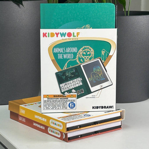 Stack of books with a visible 'KIDYWOLF' branding on a neutral background